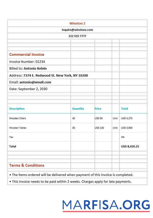Realistic Sample Commercial Invoice Template
